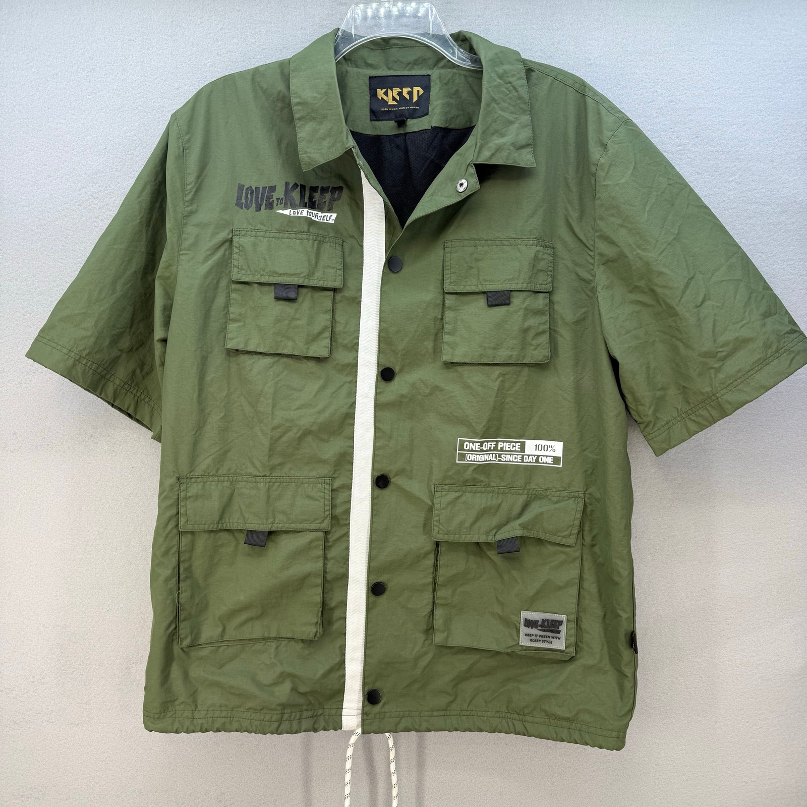 Love To Kleep Short Sleeve Coach Jacket Men L Olive Green Black Street Wear
